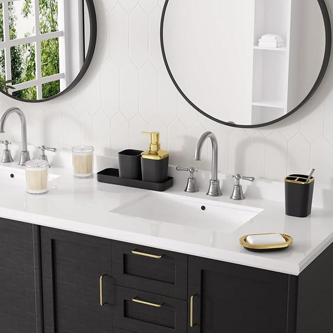 XLHOMO Black Bathroom Accessories Set, Black and Gold Bathroom Accessories with Trash Can, Tray, Soap Dispenser, Soap Dish, Toothbrush Holder, Toothbrush Cup,Toilet Brush and Qtip Holders - ModernBath