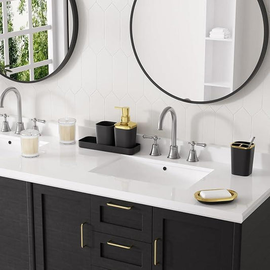XLHOMO Black Bathroom Accessories Set, Black and Gold Bathroom Accessories with Trash Can, Tray, Soap Dispenser, Soap Dish, Toothbrush Holder, Toothbrush Cup,Toilet Brush and Qtip Holders - ModernBath