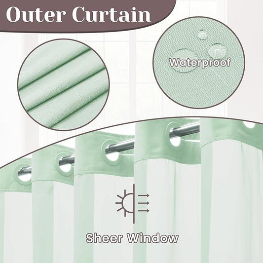 SORTTO No Hook Slub Textured Shower Curtain with Snap in Liner - Aqua Fabric Outer Curtain & Waterproof Inner Liner, Hotel Style with See Through Top Window, 71x74 in - ModernBath
