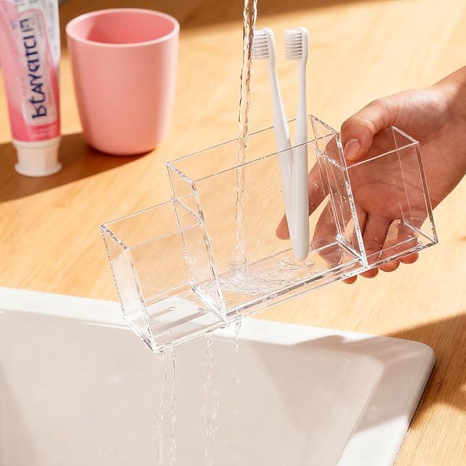 Acrylic Toothbrush Holder for Bathroom Counter, Clear Multi-Functional Toothbrush Organizer with Compartments for Electric Toothbrush, Toothpaste - ModernBath