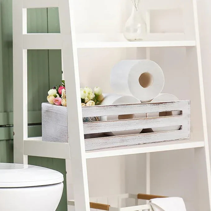 LotFancy Bathroom Decor Box, 2 Pack Wooden Toilet Paper Holder, White Toilet Storage Basket for Back of Toilet, Farmhouse Toilet Tank Topper - ModernBath