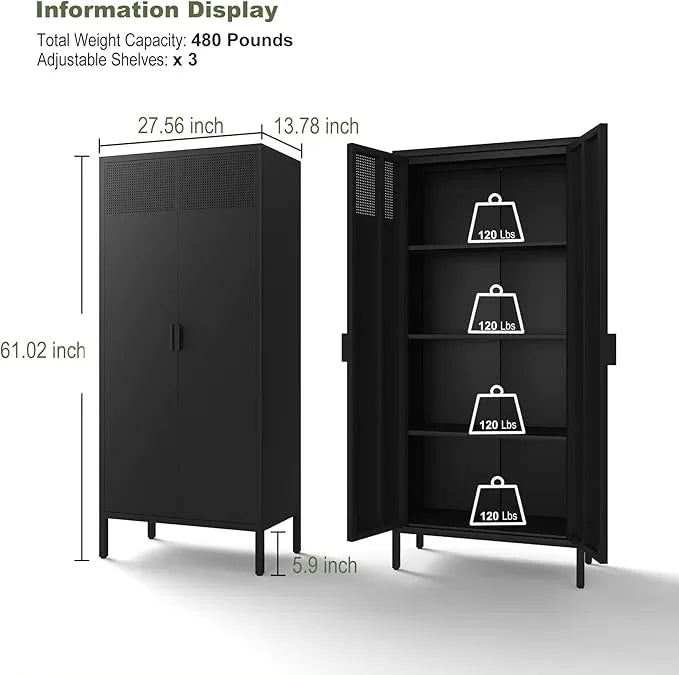 COFaR 4 Tier Black Metal Storage Cabinet, Free Standing with 2 Doors, 3 Adjustable Shelves and Legs, Cupboard Metal Cabinet for Living Room, Kitchen, Dining Room, Office - ModernBath