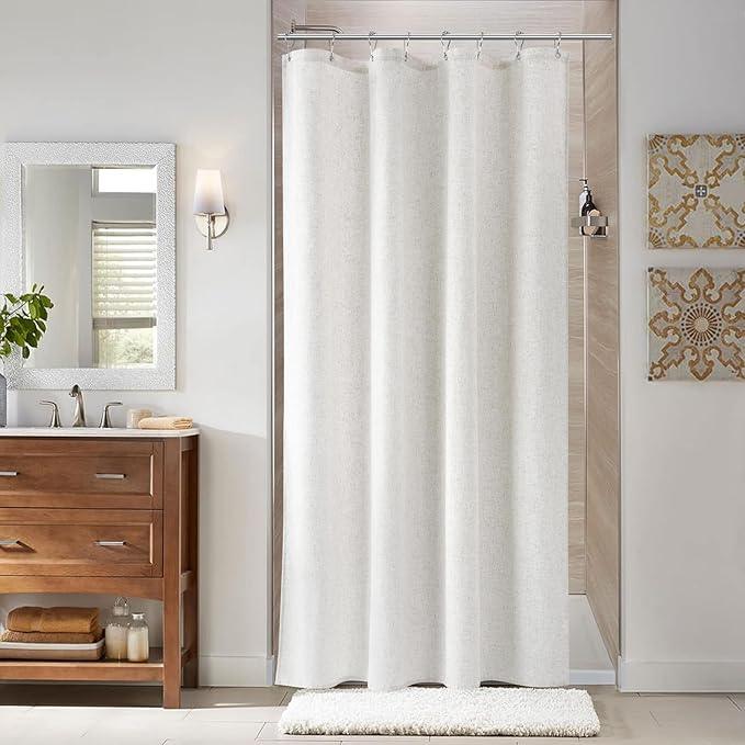 Naturoom 48 Inch Shower Curtain - Stall Narrow Half Linen Ultra Thick Fabric Shower Curtain Set with Hooks, Boho Farmhouse Rustic RV Camper Bath Curtains for Bathroom, Beige White, 48x72 - ModernBath