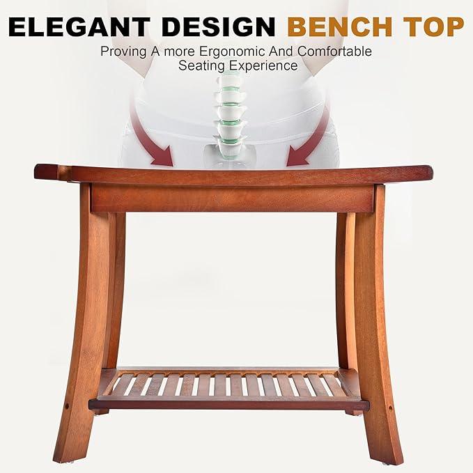 Teak Shower Chair Stool, 24" Shower Bench Seat, Wooden Bathroom Bench with Storage Shelf for Indoor & Outdoor Use,Walnut - ModernBath