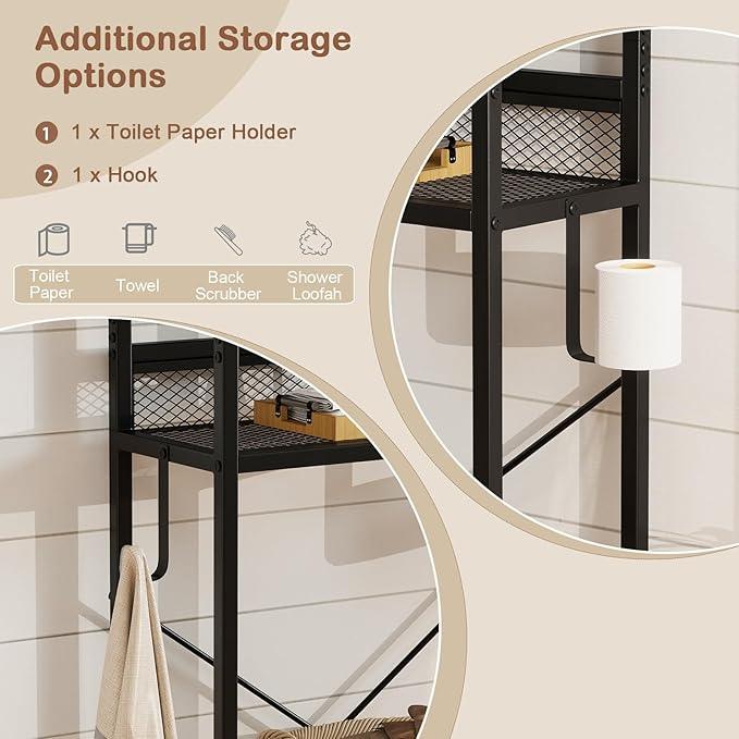 Tangkula Over The Toilet Storage Cabinet, 5-Tier Space Saver Above Toilet with 2 Mesh Doors, Metal Stand, Toilet Paper Holder & Hook, Freestanding Bathroom Cabinet Organizer for Laundry, Rustic Brown - ModernBath