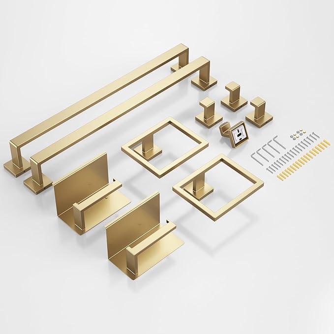 JIXB 10-Piece Brushed Gold Bathroom Accessories Set, 23.6 Inch Bathroom Hardware Set, SUS304 Stainless Steel Bath Towel Bar Set, Toilet Paper Holder with Shelf, Towel Hooks & Ring Wall Mounted - ModernBath