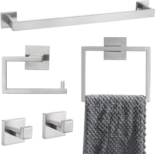 YACVCL 5-Piece Bathroom Hardware Accessories Set 23.6 inch Towel Bar Towel Rack Sets Modern Towel Ring Kit Stainless Steel Wall Mounted (Brushed Nickel) - ModernBath