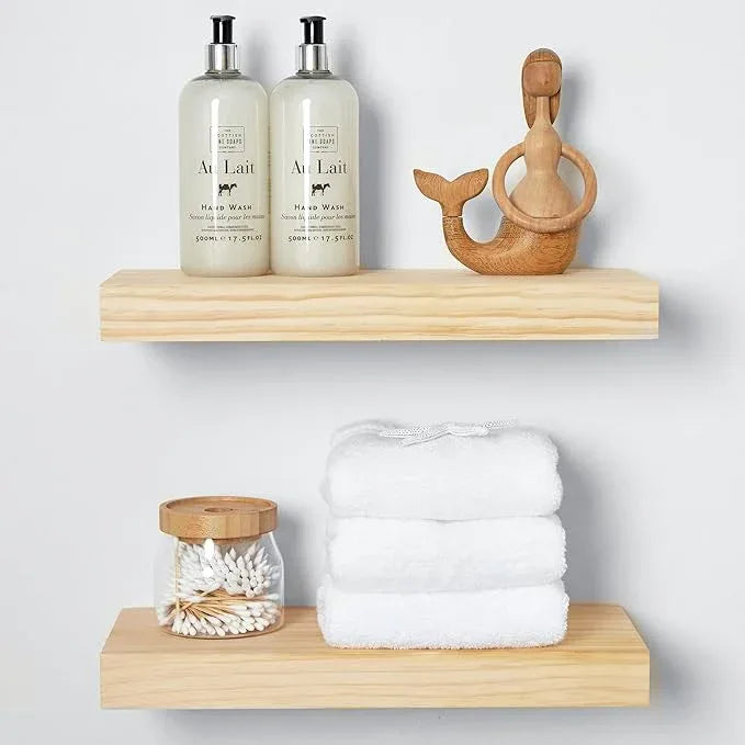 Homeforia 16 inch Natural Floating Shelf, High End Solid Real Wood 16inch Small Floating Shelves for Wall Mounted, Natural Wooden Floating Shelves, Heavy Duty Bracket, 16 X 6.5 X 1.75 in, Set of 2 - ModernBath