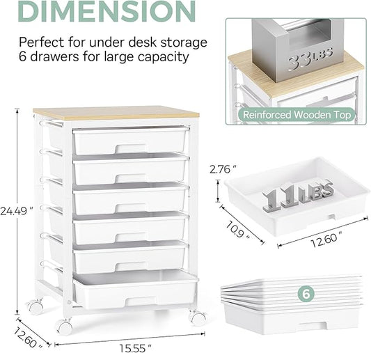Rolling Storage Utility Cart with 6 Drawers and Wooden Tabletop for Under Desk Storage,White