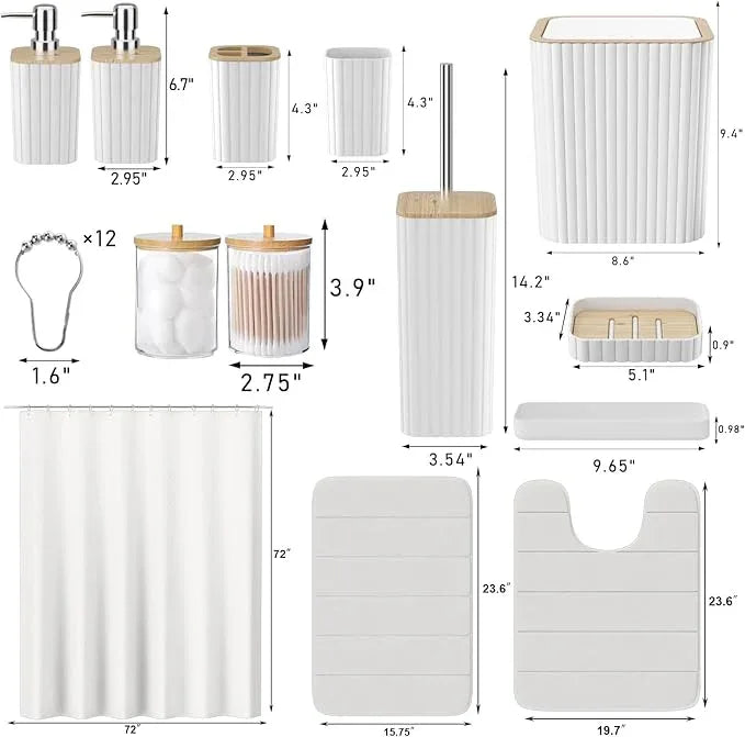 XLHOMO Bathroom Set - 25PC White Bathroom Set with Shower Curtain and Rugs, Bathroom Accessories Set, White Shower Curtain Set with Bathroom Trash Can - ModernBath