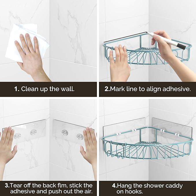 Orimade Corner Shower Caddy with 2 Hooks Wall Mounted Metal Bathroom Shelf Storage Organizer Adhesive No Drilling 2 Pack, Blue Only for 90-Degree Corner - ModernBath