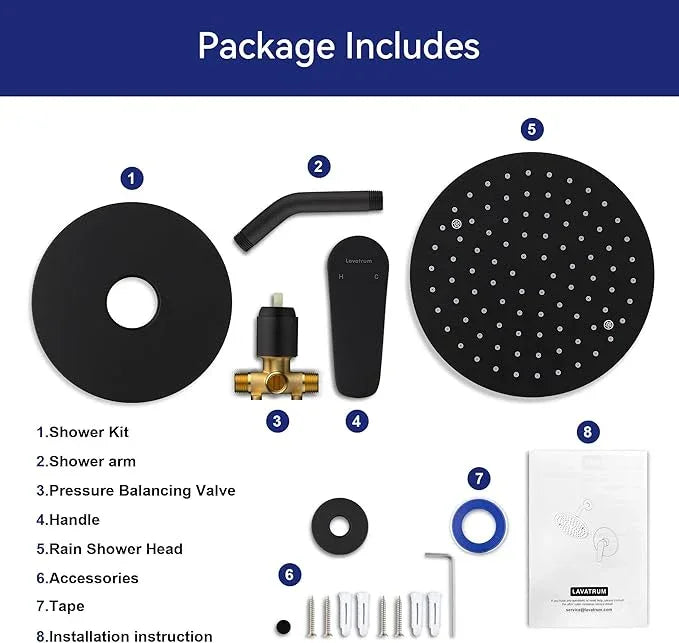 Lavatrum Black Shower Head and Handle Set Single Spray Premium Wall Mount 8 Inch Rainfall Round Shower Faucet with Rough-in Valve and Trim Kit for Bathroom（1.8GPM) - ModernBath