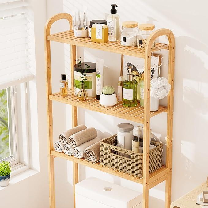Giantex Over The Toilet Storage Cabinet, 3-Tier Bamboo Bathroom Shelves Over Toilet w/3 Hooks, Adjustable Shelves & Waterproof Feet Pad, Over Toilet Bathroom Organizer for Laundry, Balcony, Restroom - ModernBath