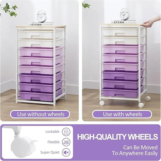 Rolling Cart with Drawers,Utility Cart With 8 Drawers and Wooden Tabletop for Living Room,Classroom,Bedroom,Bathroom,Dorm,Office,Purple - ModernBath
