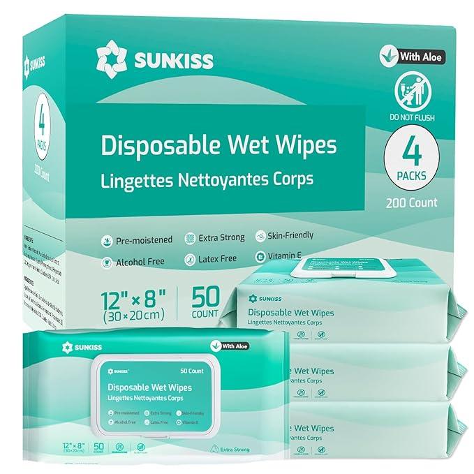 SUNKISS Trustplus Wet Wipes for Adult No Rinse, Extra Large 8”x12” Body Cleaning Washcloths for Elderly Incontinence & Cleansing, Unscented, 200 Count (4 Packs of 50) - ModernBath