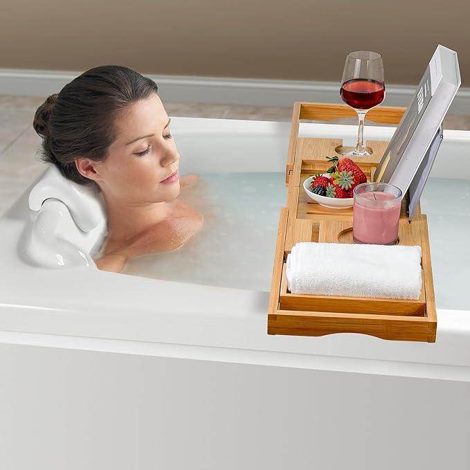 Utoplike Bamboo Bathtub Caddy Tray Bath Tray for Tub, Adjustable Bathroom Bathtub Organizer with Book Tablet Wine Glass Cup Towel Holder - ModernBath
