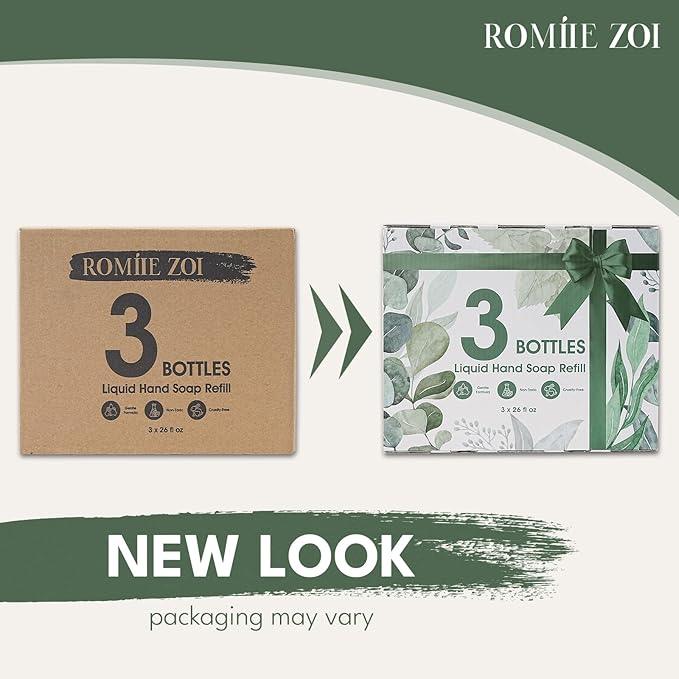 ROMIIE ZOI Eucalyptus & Mint Liquid Hand Soap Refill, Gentle & Moisturizing Formula, Natural Cruelty-Free Soap, Large 750 ML Bottles Bulk for Kitchen, Bathroom, and Dispensers (26 FL OZ, Pack of 3) - ModernBath