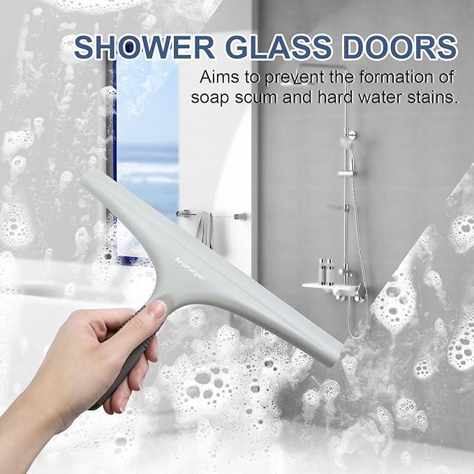 Anjinwiper Silicone Shower Squeegee for Glass Doors with Hook, Window Squeegee for Shower Doors, Kitchen, Mirrors and Tiles, Glass Squeegee Bathroom Shower(10 inch, Gray) - ModernBath