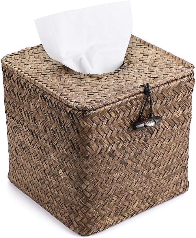 Sumnacon Tissue Box Cover Square Seagrass Tissue Box with Lid, Woven Tissue Box Holder Rustic Cube Tissue Cover for Bathroom Toilet Bedroom Living Room Kitchen Table Desk Office Car, Coffee - ModernBath