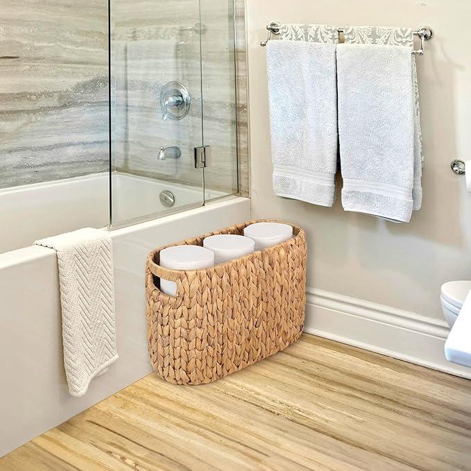 Toilet Paper Storage Holder with Built-in Handles, Water Hyacinth Toilet Papers Holder for up to 6 Mega Rolls, Wicker Toilets Paper Baskets, Decor Bathroom Storage Basket for Countertops,Shelves - ModernBath