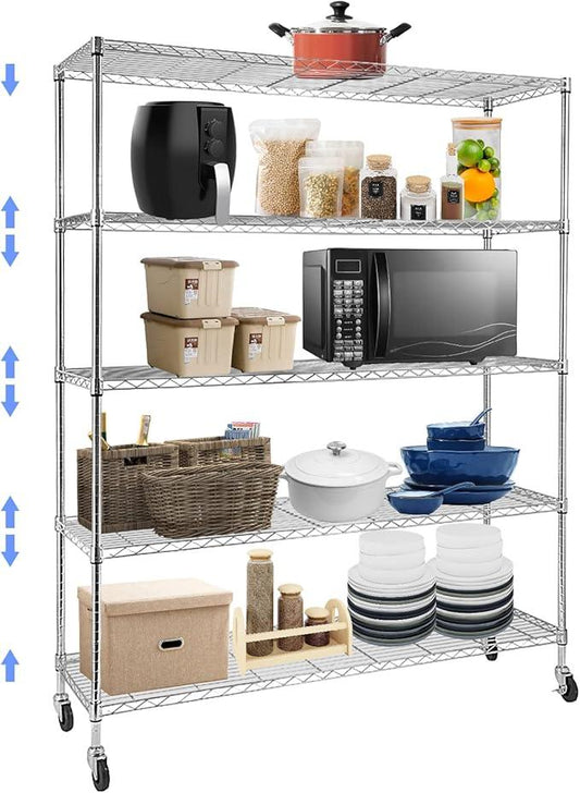 BNSPLY Commercial Wire Shelving Unit with Wheels, 5 Tier Adjustable Wire Shelves with NSF Certified, Heavy Duty Metal Storage Rack Shelf Unit for Kitchen, Garage (17.7" D x 59" W x 71" H, Chrome) - ModernBath