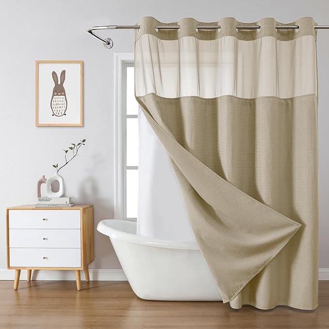 eachope Khaki No Hook Waffle Weave Shower Curtain with snap-in Liner Replacement, 230GSM Waterproof Fabric Hotel Shower Curtain Set for Bathroom, Through Mesh Top Window,71Wx74H - ModernBath