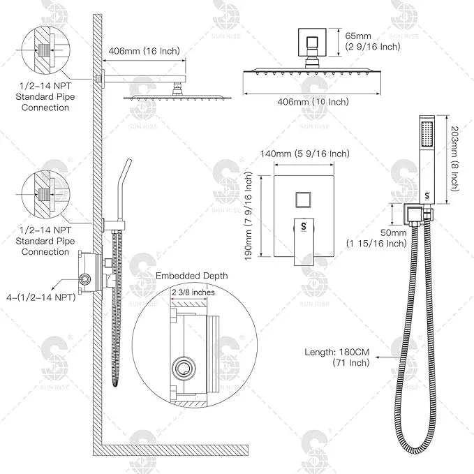 SR SUN RISE ORB Square Rainfall Shower Head and Handle Set, Wall Mounted Shower Fixtures, Metal Shower Faucet Trim Repair Kits (With Shower Valve) 10 Inches - ModernBath