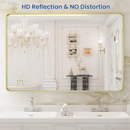 WEER Gold Bathroom Mirror, 40X30 Inch Brushed Gold Metal Frame Mirror, Rounded Rectangle Gold Bathroom Vanity Mirror for Wall, Tempered Glass, Anti-Rust, Hangs Horizontally or Vertically - ModernBath