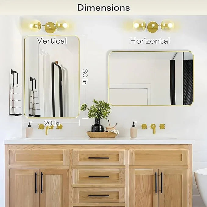 Minuover Wall Mount Mirror for Bathroom, Brushed Gold Metal Framed Rounded Corner Rectangular Vanity Mirror (20" x 30", Gold) - ModernBath