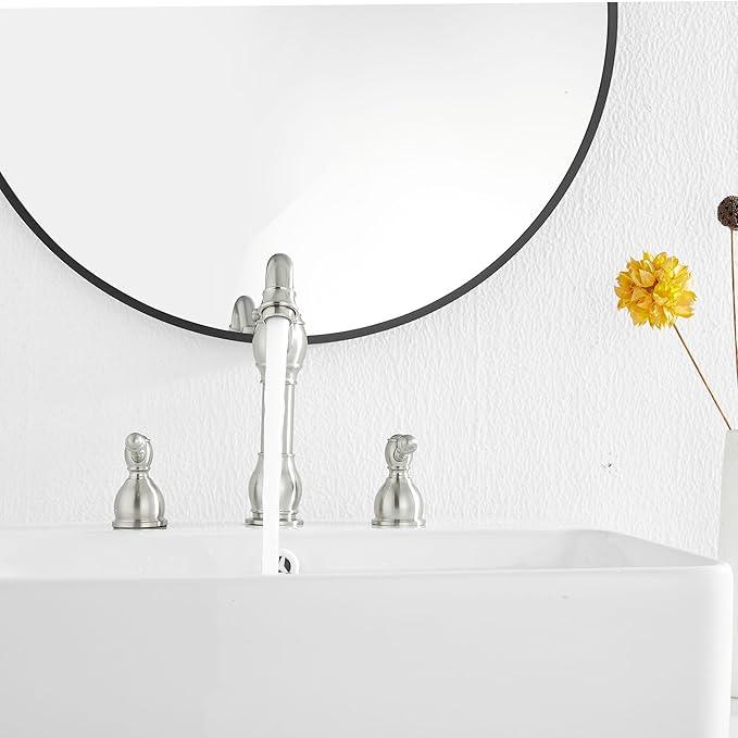 GGStudy 2 Handles 3 Holes Faucet Widespread Bathroom Sink Faucet Basin Tap Mixer Supply Hose Included Matching Pop Up Drain Brushed Nickel - ModernBath