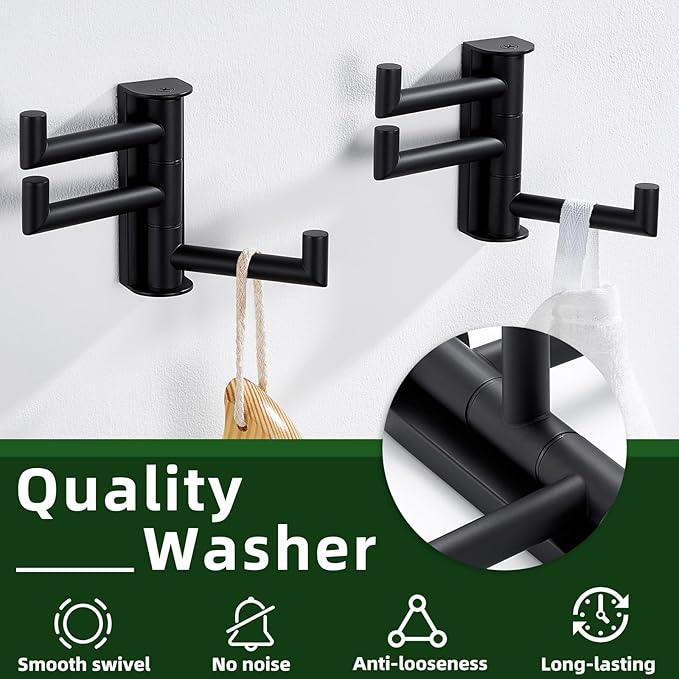 APLusee Matte Black Swivel Towel Hooks for Bathroom 2 Pack, 304 Stainless Steel Foldable Coat Hooks with Multi 3 Arms, Heavy Duty Robe Towel Holders Wall Mounted - ModernBath