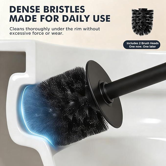 Toilet Brush and Holder Set, Stainless Steel Toilet Bowl Brush with 16.5" Long-Reach Handle, Tilted Canister with Concealed Brush Head & Anti-Splash Shield for Bathroom Cleaning, 1 Spare Head Included - ModernBath