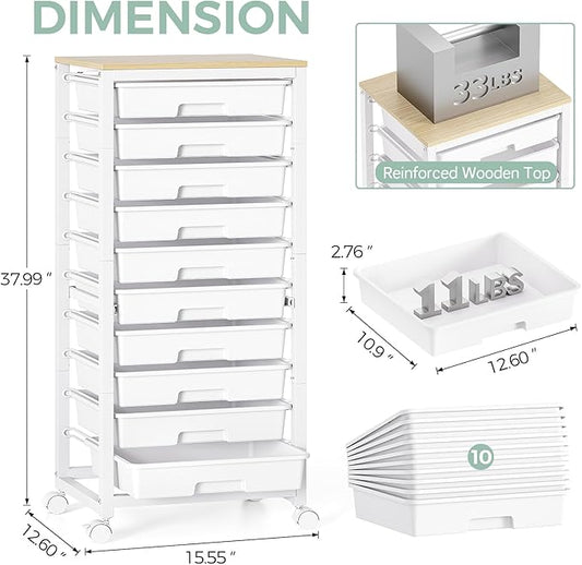 Rolling Cart with Drawers,10 Drawer Rolling Cart,Rolling storage cart with drawers,White Rolling Drawer Cart,Teacher Rolling Cart for Classroom Storage,Craft Cart with Wooden Tabletop