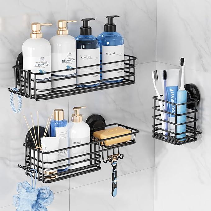 TAILI Shower Caddy Suction Cup, 3 Pack Shelves for Inside with Hooks & Soap holder Toothbrush Cups, Removable Bathroom Organizer, Rustproof Black Holder Storage-Black - ModernBath