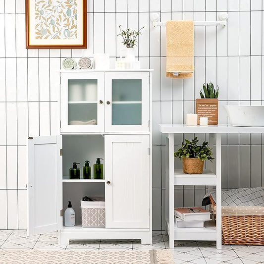 Tangkula Bathroom Floor Cabinet, Freestanding Storage Cabinet w/Glass Doors, Wood Kitchen Cupboard w/Adjustable Shelf, Bathroom Storage Cabinet for Hallway Living Room Office (Cabinets, White)