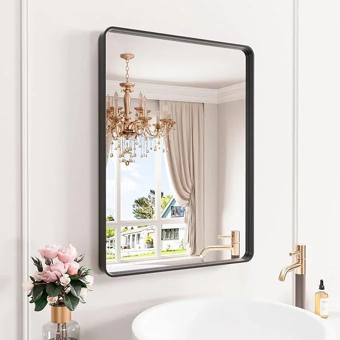 JISOSO Black Bathroom Mirror 22X30 Inch, Black Metal Framed Mirror for Wall, Rounded Rectangle Matte Bathroom Vanity Mirror with Tempered Glass, Anti-Rust, Horizontal/Vertical - ModernBath