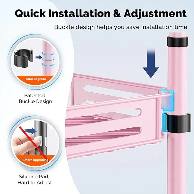 HAMITOR Corner Shower Caddy Tension Pole: Quick Installation 4-Tier Rustproof Bathroom Organizer Shelves for Bathtub Shampoo Storage - 47-121 inch Adjustable Floor Standing Bath Rack Holder - Pink - ModernBath