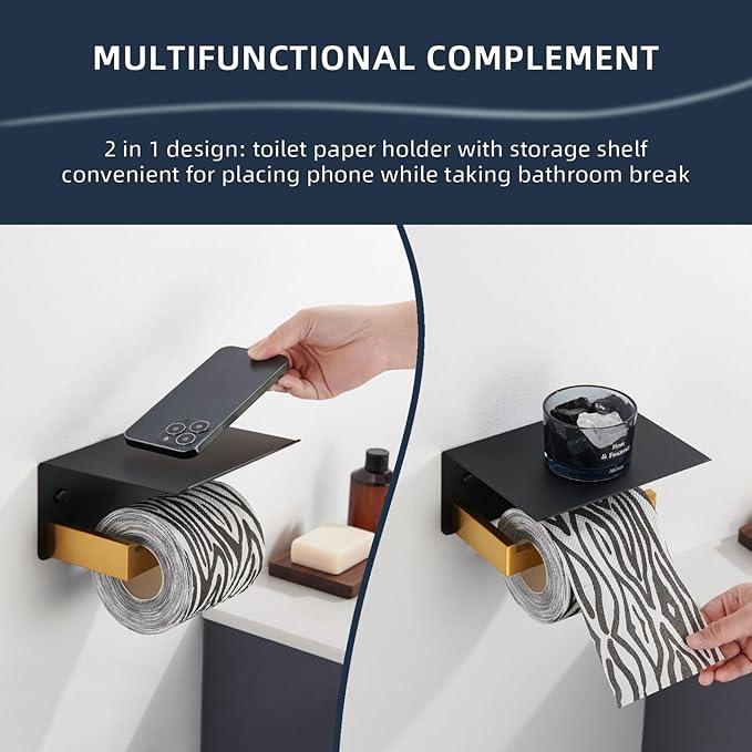 Angle Simple Toilet Paper Holder with Shelf, 304 Stainless Steel Bathroom Tissue Roll Holder for Wall Black and Gold - ModernBath