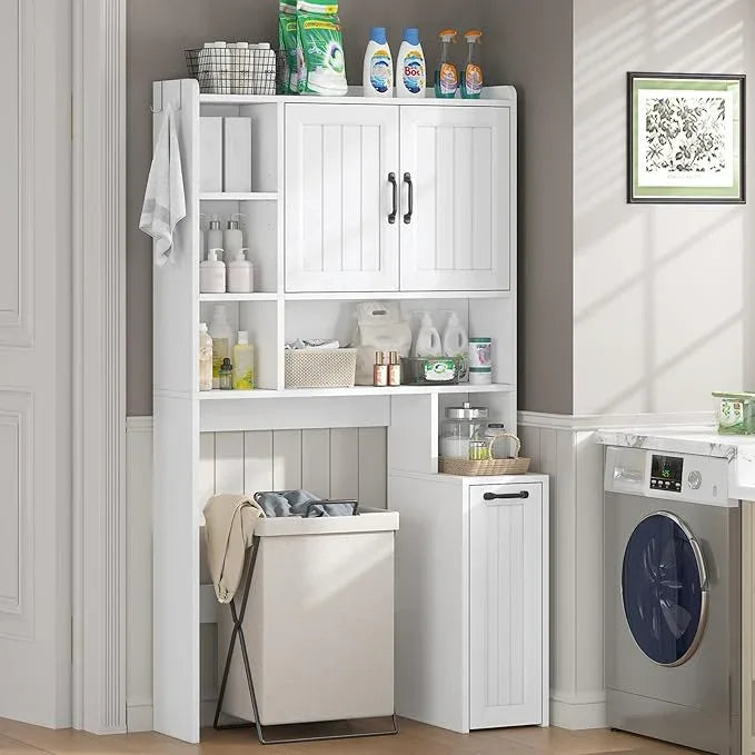 Over The Toilet Storage Cabinet with Pulley Small Bathroom Storage Cabinet, Space Saver W/Adjustable Shelf & Open Shelf for Bathroom, Restroom, Laundry (White-Type A) - ModernBath