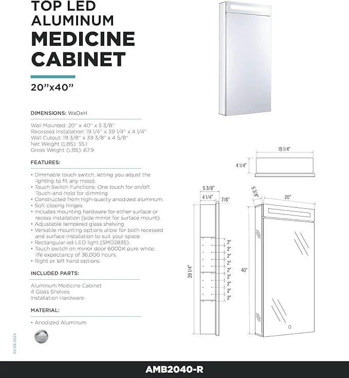 Fine Fixtures Bathroom Medicine Cabinet, Aluminum, Recessed/Surface Mount, Mirrored Interior w/LED (20 x 40 Right) - ModernBath