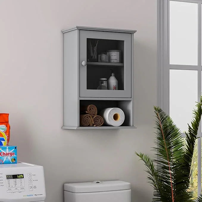 LOKO Bathroom Medicine Cabinet, Over The Toilet Storage Organizer with Adjustable Shelf, Modern Wall Mounted Storage Cabinet with Tempered Glass Door for Living Room, Entryway (Grey) - ModernBath
