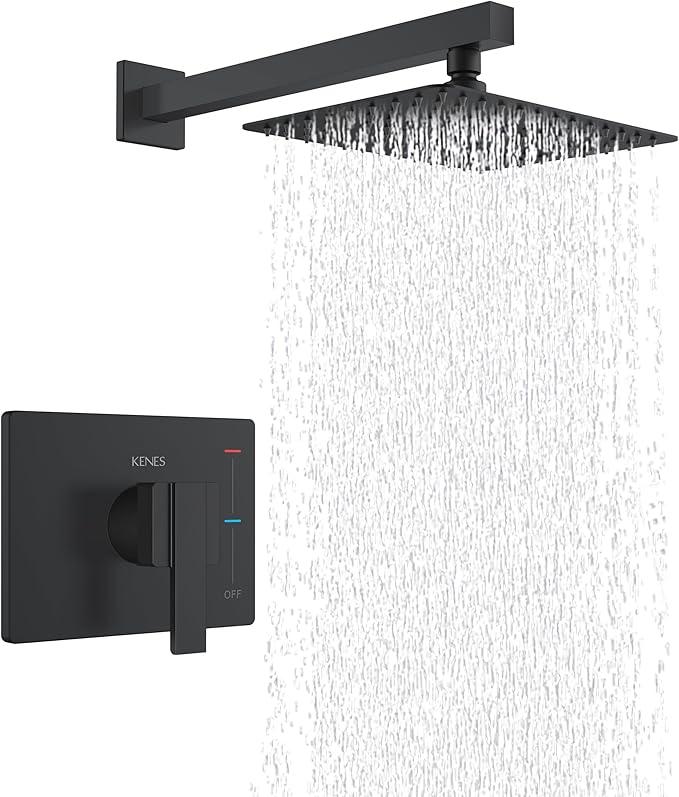 KENES Matte Black Shower Faucet with 10-Inch Shower Head and Handle Set, Square Shower Faucet Set Bathroom Rainfall Shower System Wall Mount, KE-6024B-2 (Shower Valve Included) - ModernBath