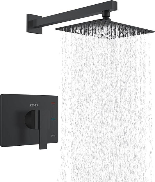 KENES Matte Black Shower Faucet with 10-Inch Shower Head and Handle Set, Square Shower Faucet Set Bathroom Rainfall Shower System Wall Mount, KE-6024B-2 (Shower Valve Included) - ModernBath