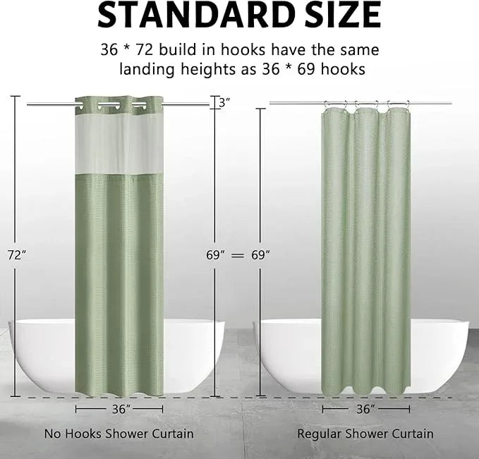 Furlinic Sage Green Small Stall No Hook Shower Curtain with Snap in Liner,Waffle Weave Heavy Duty Fabric Waterproof Bathroom Curtains,Washable Shower Curtain Set with See Through Window 36x72 Inch - ModernBath