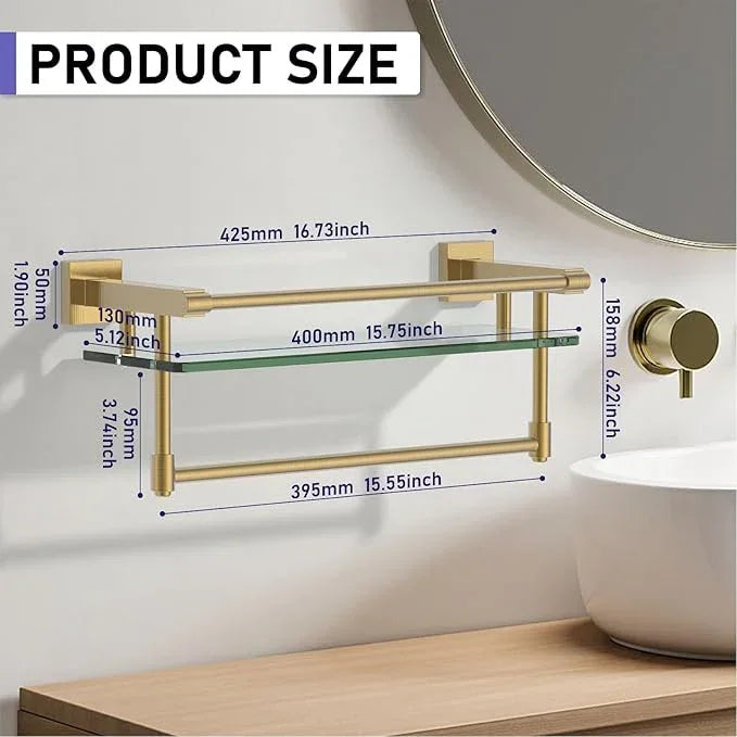 Bathroom Glass Shelf Brushed Gold Finish with Towel Rack, SUS304 Stainless Steel, 16-inch Tempered Glass Shelves for Wall - ModernBath