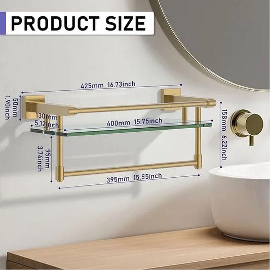 Bathroom Glass Shelf Brushed Gold Finish with Towel Rack, SUS304 Stainless Steel, 16-inch Tempered Glass Shelves for Wall - ModernBath
