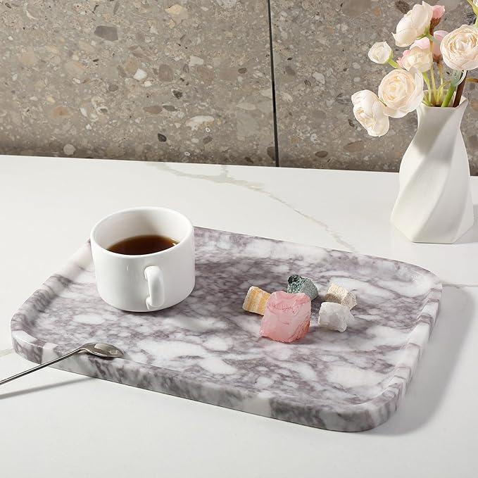 Karibiber Luxury Marble Vanity Tray, Bathroom Tray Countertop, Calacatta Marble/Stone, Home Decorative Dresser Organizer, Storage for Kitchen Sink, Perfume Jewelry Holder(Purple&White) - ModernBath