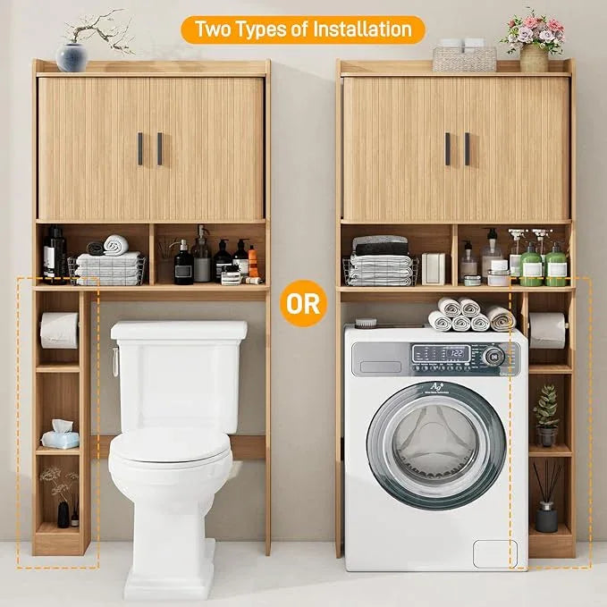 Over The Toilet Storage Cabinet,Farmhouse Toilet Cabinet Rack with 2 Tambour Sliding Doors and Toilet Paper Holder Stand，Toilet Shelf Space Saver with Towel Rack for Bathroom, Restroom, Laundry - ModernBath