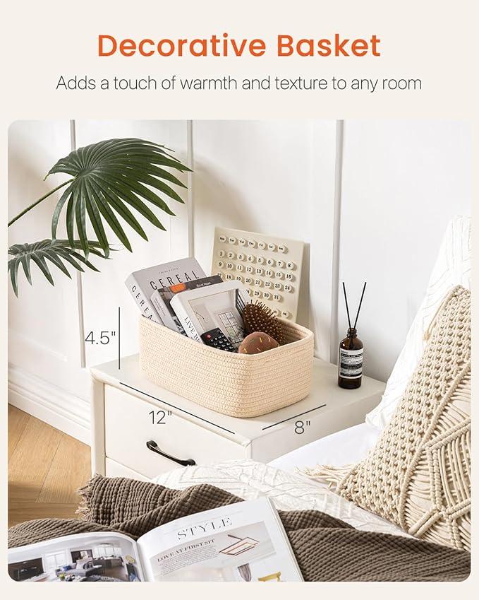 Small Woven Basket, 12 x 8 x 4.5 Inches, Storage Basket for Organizing, Cute Small Rope Shelf Closet Cube Storage Bins Baskets for Shelves, Dog Toy Gift Baskets Empty, 3 Packs, Beige - ModernBath