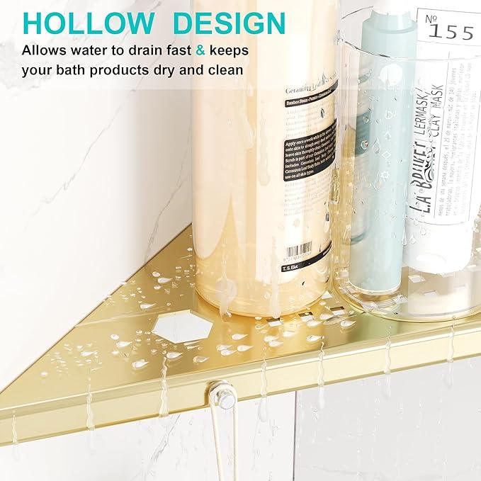 10" Bathroom Corner Shelf, 2 Pack Recessed Shower Shelf Caddy, SUS304 Stainless Steel Shelf Wall Mount Triangular, No Drilling Brushed Golden - ModernBath
